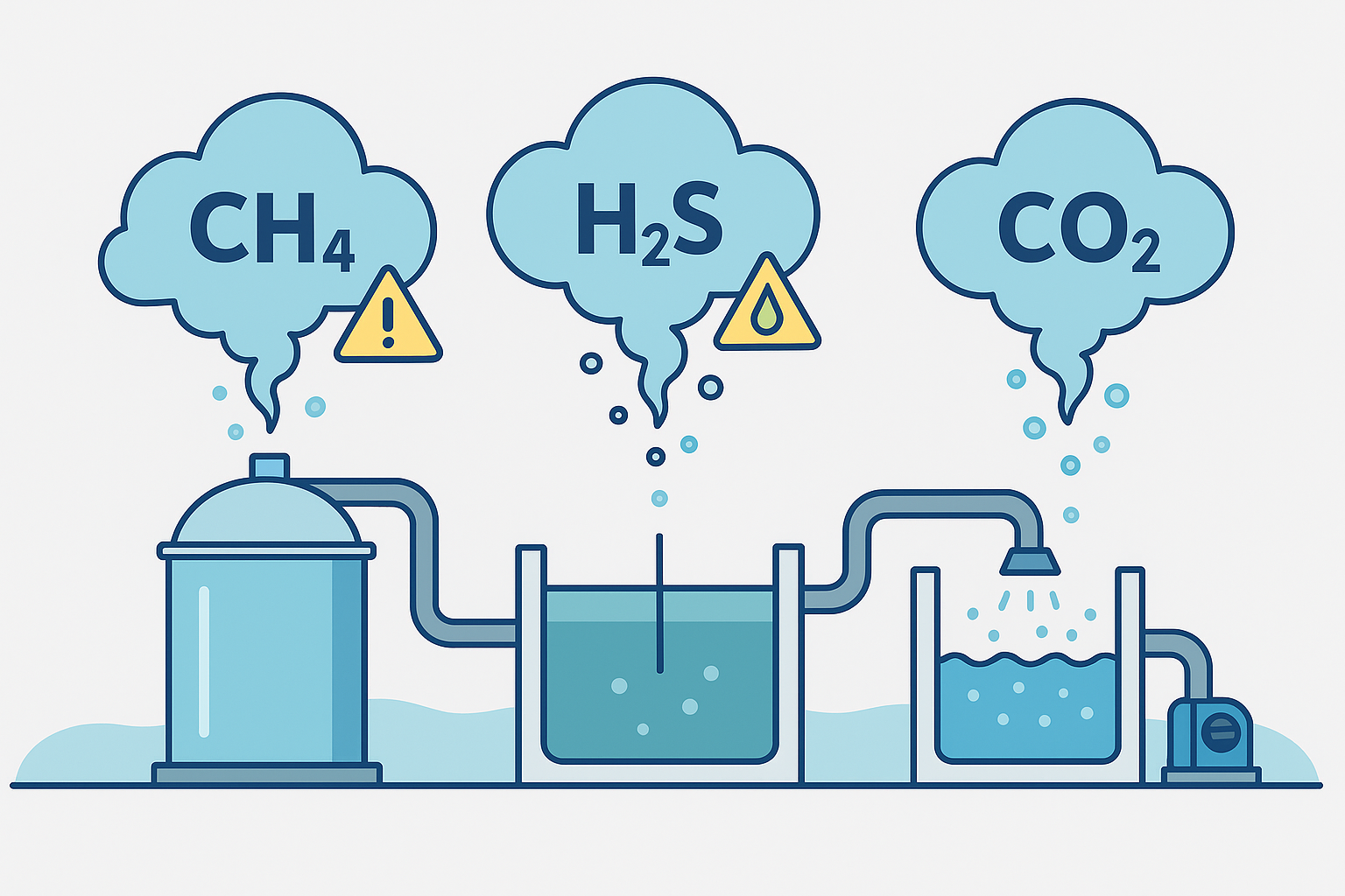 Esquema dos principais gases gerados em estações de tratamento de efluentes e seus riscos operacionais.
