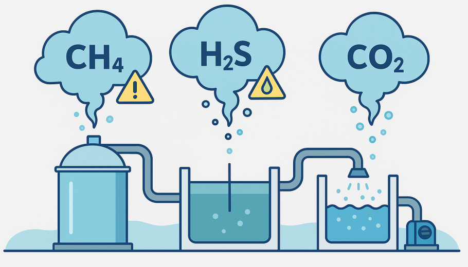 Esquema dos principais gases gerados em estações de tratamento de efluentes e seus riscos operacionais.