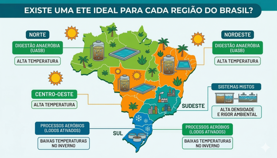 Mapa do Brasil com ilustrações de estações de tratamento de efluentes ETE destacando, por região, as tecnologias mais indicadas: digestão anaeróbia no Norte, Nordeste e Centro-Oeste, sistemas mistos no Sudeste e processos aeróbios no Sul.